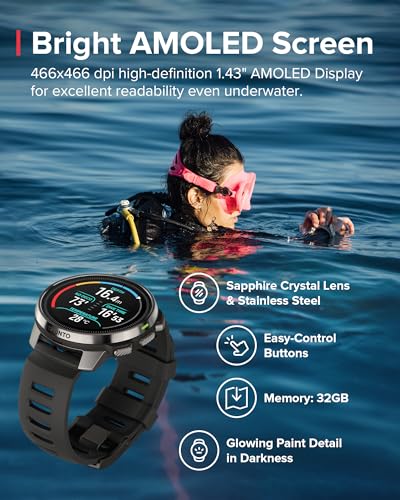 Image of SUUNTO Ocean Dive Computer, GPS Multisport Watch for Training, Underwater Route Tracking & Wireless Tank Pressure Monitor, AMOLED Touchscreen, Dualband GNSS, Offline Map, 26D Battery Life, Steel Black