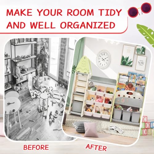 Image of Kids Toy Organizer with Bookshelf for Home 3 in 1 Storage Rack for Toddler Playroom Organizer Montessori Book Shelf Kids Toys Organiser for Space Saving Storage Bins for Children-Green