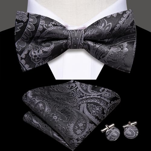 Image of Hi-Tie Bow Tie Men Pre Tied Bowtie Pocket Square Cufflinks Lapel Pin Formal Wedding Bow Ties for Men Party Tuxedo Bowtie Set,Black Paisley Floral