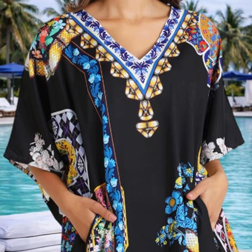 Image of Miss Lavish London Black Kaftan Dresses for Women V Neck Batwing Sleeve Beach Vacation Bikini Swimsuit Cover Ups, Ethnic Print Plus Size African & Dubai Caftan Maxi Dress with Side Slits-Black-S