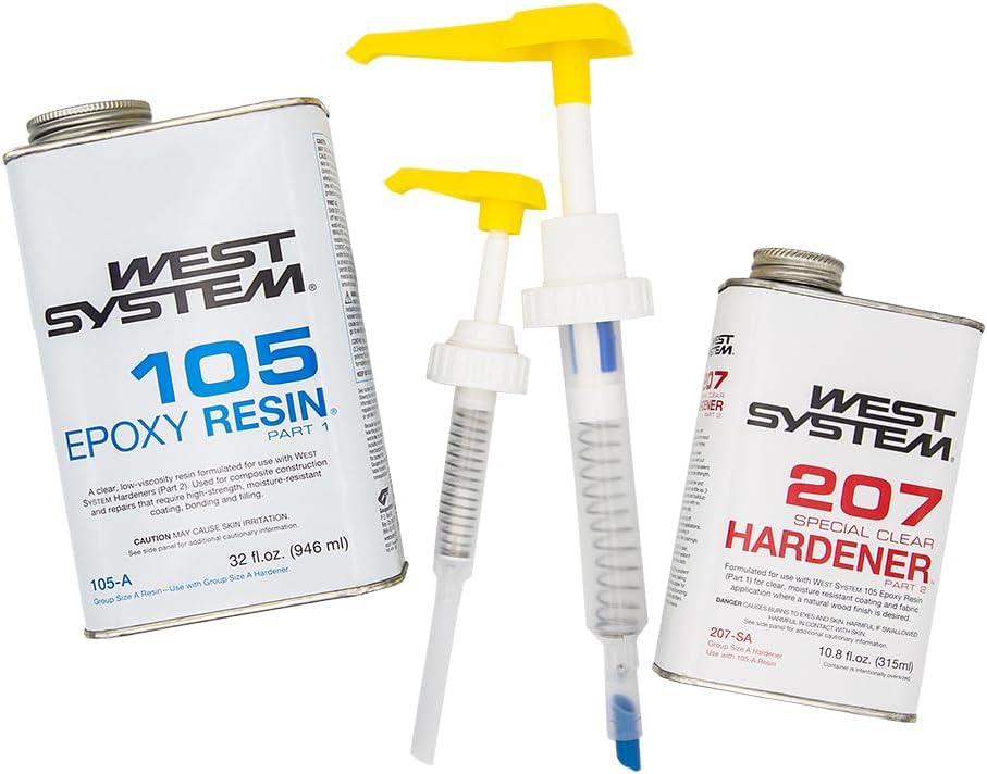 WEST SYSTEM 105A Epoxy Resin (32 fl oz) Bundle with 207SA Special Clear Epoxy Hardener (10.6 fl oz) and 300 Mini Pumps Epoxy Metering 3-Pack Pump Set (3 Items)