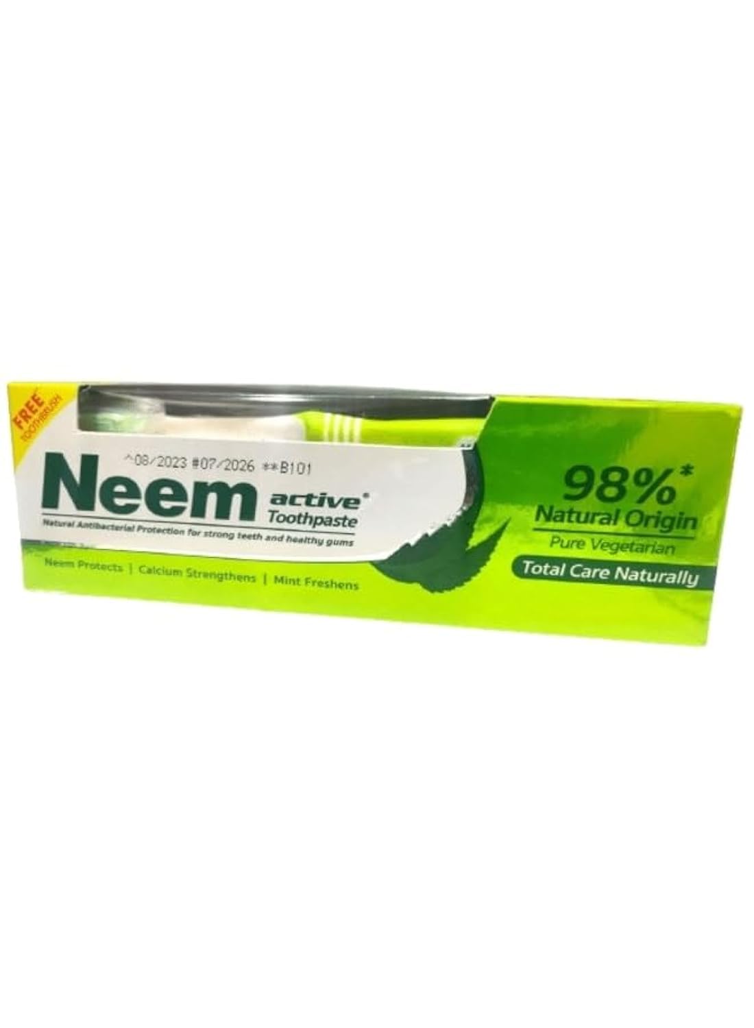 Neem Active Toothpaste 98% Pure Vegetarian with Free Toothbrush - For Strong Teeth & Healthy Gums - Neem Protects, Calcium Strengthens & Mint Freshens - 150 g