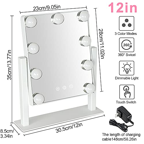 Depuley Makeup Vanity Mirror With Lights, 10X Magnification Hollywood Lighted Mirror With 9 Dimmer Led Bulbs, Plug In Light-Up Beauty Mirror, Touch Screen Lighted Table Set Mirror, 360°Rotation(White) #TOP3