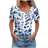 Short Sleeve Womens Tops V Neck Casual Buttons Tunic Tops Cute Floral Print Basic Tee Loose Fit Shirt Blouse