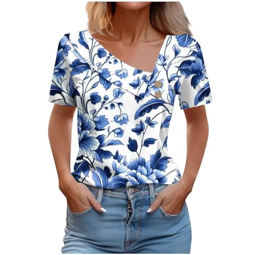 Short Sleeve Womens Tops V Neck Casual Buttons Tunic Tops Cute Floral Print Basic Tee Loose Fit Shirt Blouse