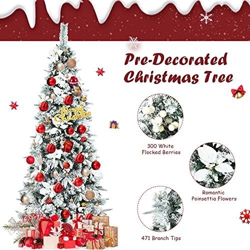 HappyGrill 6FT Skinny Pencil Christmas Tree with White Berries & Flowers, Hinged Artificial Tree with Metal Stand for Indoor/Outdoor