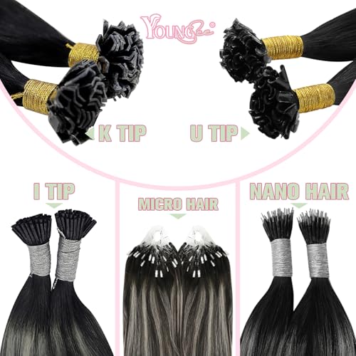 Image of YoungSee K Tip Extensions Human Hair Ombre Remy Ktip Hair Extensions Natural Black Roots to Silver Grey Balayage Ktip Human Hair Extensions Long for Women 24inch 50g 50s