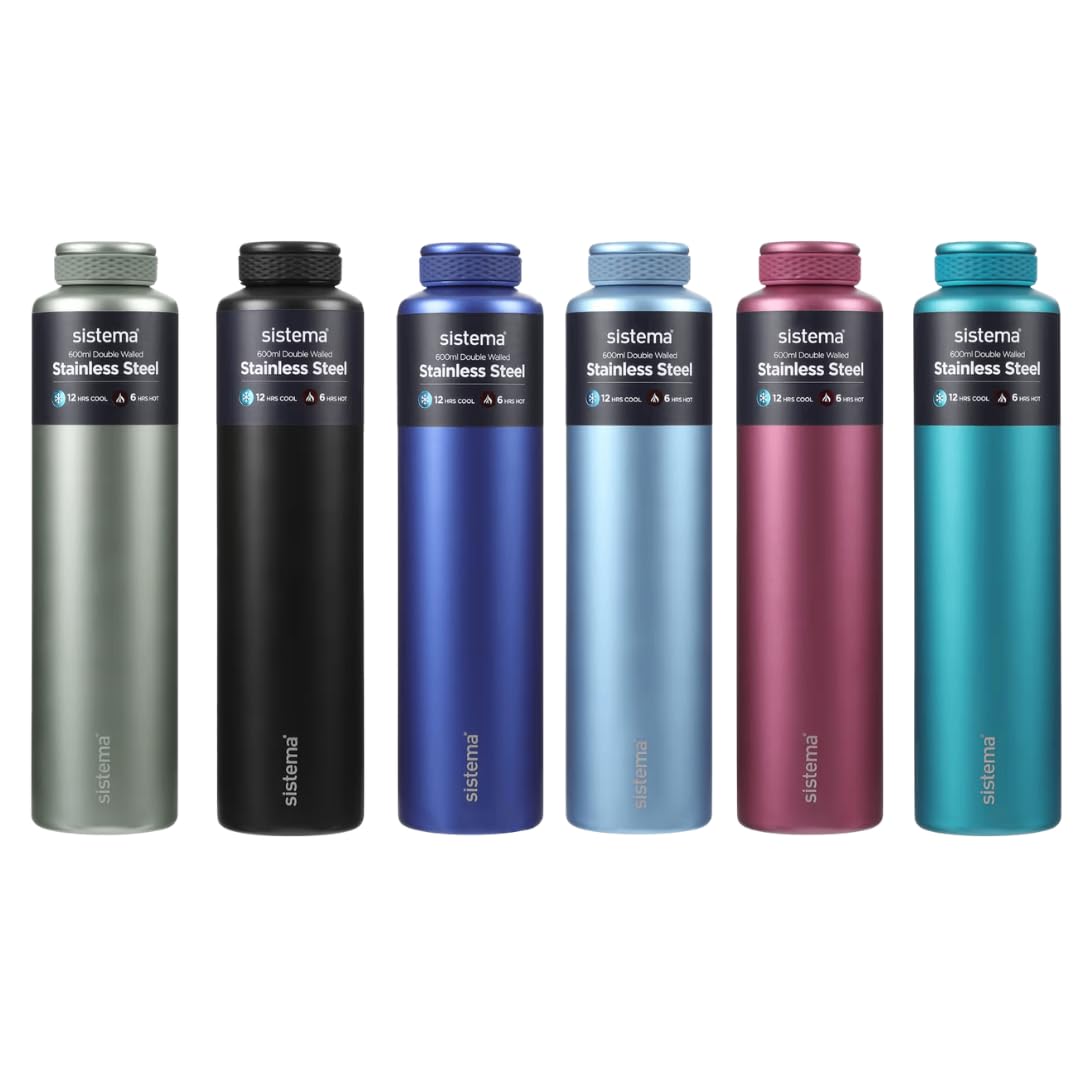 Sistema Hydrate Stainless Steel Water Bottle, 280 ml, BPA-Free, Double Wall Vacuum Insulated Metal Water Bottle, Keeps Liquid Hot and Cool, Assorted Colours
