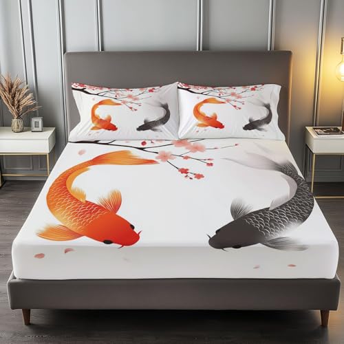 Fitted Sheet Full Size Bedding Set for Kids Girls Women Men Room Decor, Soft Microfiber & Deep Pocket & Wrinkle Free Simple Line Koi Bedding Sheets, Orange Gray