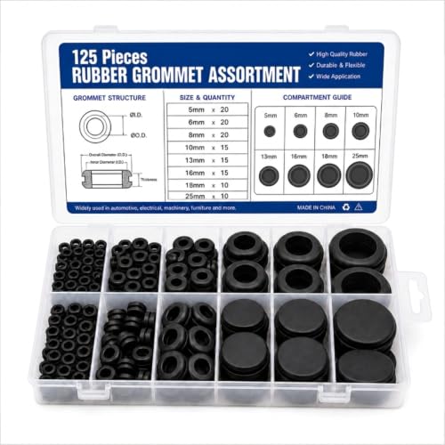 125Pcs Rubber Grommets for Holes Assorted Rubber Grommets Waterproof Flexible Silicone Stopper Rubber Grommets for Car Wiring Furniture Faucet Pipe Hose Repair Black