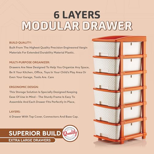 Image of HORPIN 6-Layer Plastic Drawer Storage Organiser | Modular Kitchen & Toy Organizer For Kids Room | Home, Office, Parlor, School, Doctors, Home And Kids | Brown & White (6XL Set)