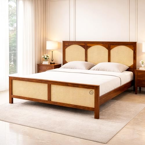 Image of SHRI MINTU'S ART Wooden Cane Bed with Rattan Panels | Solid Wood Platform with Arched Headboard and Footboard | Bedroom Furniture Bed Structure for Mattress Support (72x81) Inch King Size Bed (Brown)