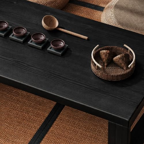 Image of Foldable Japanese Floor Tea Table Minimalist Low Height Wooden Coffee Table Zen Style Solid Wood Living Room Bedroom Hall Garden Table (Black, 70 x 40 x 30)