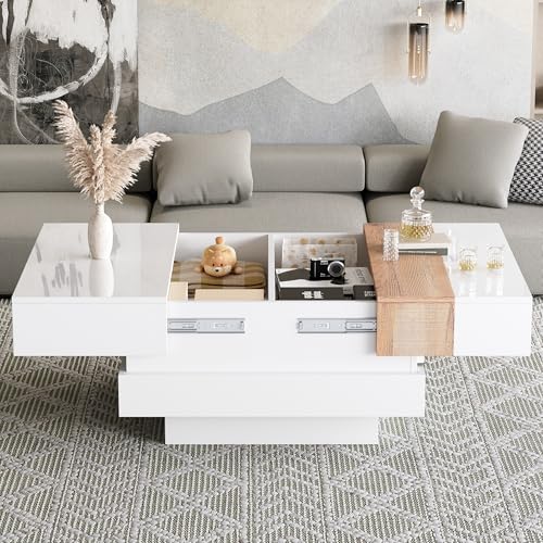 BTM Table Basse Extensible, Espace Rangement Caché et Cloisons, Blanche Carrée Coffee Table, 70x70x39cm, Brillant Blanc & Bois
