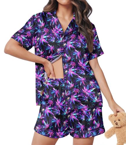 HUNTFAMI Silky Short Satin Pajamas For Women 2 Pieces Comfy Sleepwear Pajama Gift in Summer Night Green Leaf Print