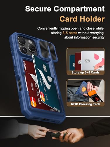 Image of Vihibii for iPhone 16 Pro Wallet Case with Card Holder (4 Cards) [RFID Blocking] & Slide Camera Cover & Raised Edges Protect Screen, Shockproof Rugged Phone Cover for iPhone 16 Pro 6.3 inch 2024, Blue