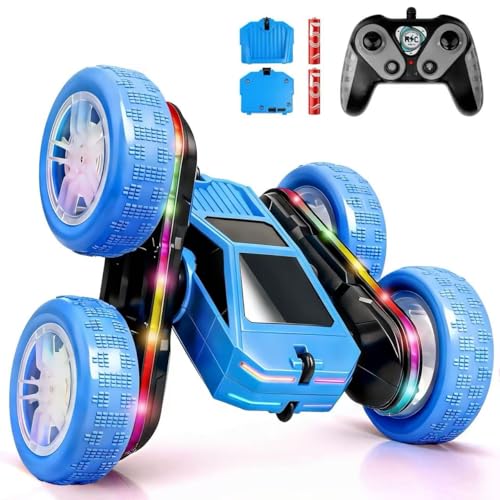 ZQIN Remote Control Car, Rc Cars Stunt, RC Crawler Toys 4WD 360° Rotating with LED Light-Up Wheels & Remote Control for 6-12 for Boys Birthday Gift (Blue)