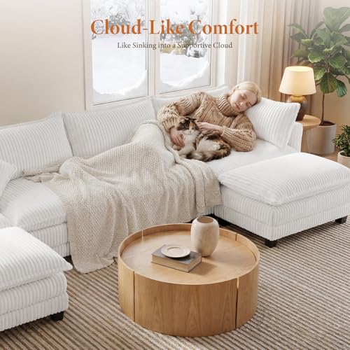 Image of Vesgantti 143 inch Modular Sectional Sofa for Living Room, Comfy Corduroy Upholstered L Shaped Modular Sectional Couches, Modern Cloud Couch with Ottoman Deep Seat, Warm White