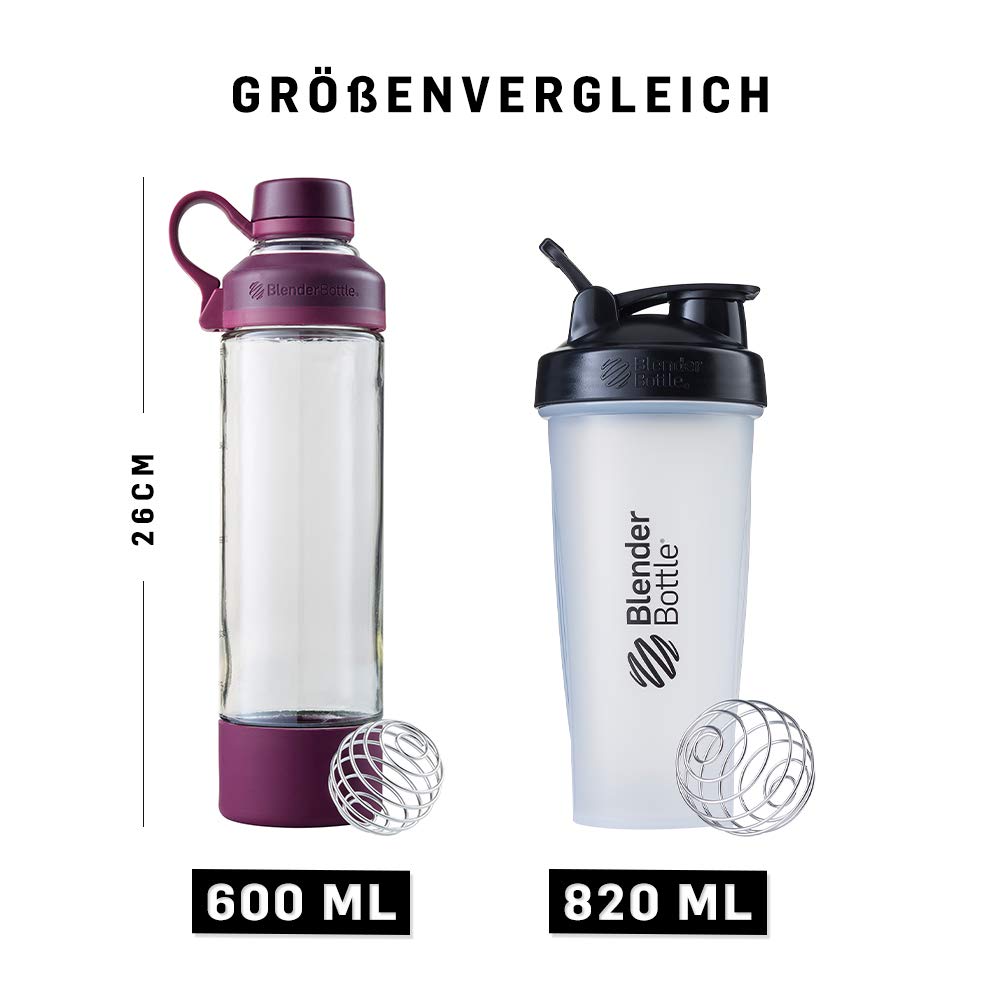 BlenderBottle Mantra Shaker Per Frullati Di Proteine, Bottiglia Per Acqua, Borraccia In Vetro, Con Blenderball, Unisex – Adulto, Plum, 590