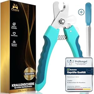 COARO Krallenschere für Hunde und Katzen mit hochwertigem Stopper als Verletzungsschutz - inklusive stabiler Fixierung - Krallenschneider mit professioneller Feile - aus robustem Edelstahl (S)