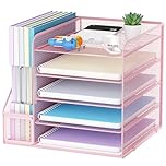 Marbrasse Desk Organizer and Office Accessories,5-Tier Paper Letter Tray Organizer with File Holder,Mesh Desktop Organiser for Office Supplies & Desk Tidy Organiser(Pink)