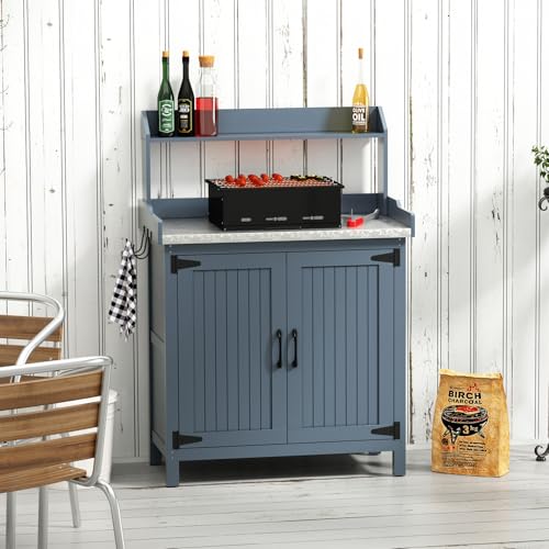 Outdoor Grill Table with Stainless Steel Tabletop Solid Wood Outdoor Prep Table Outdoor Serving Cart with Shelves and Storage Cabinet for Grill Bar Cart for Deck and Backyard