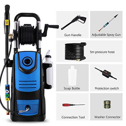 Suyncll Pressure Washer 3800PSI Max 2.8 GPM Electric Pressure Washer With Reel High Power Washer Machine Cleaner with Nozzles, Spray Gun,Detergent Tank For Cleaning Homes,Cars,Driveways,Patios (Blue)