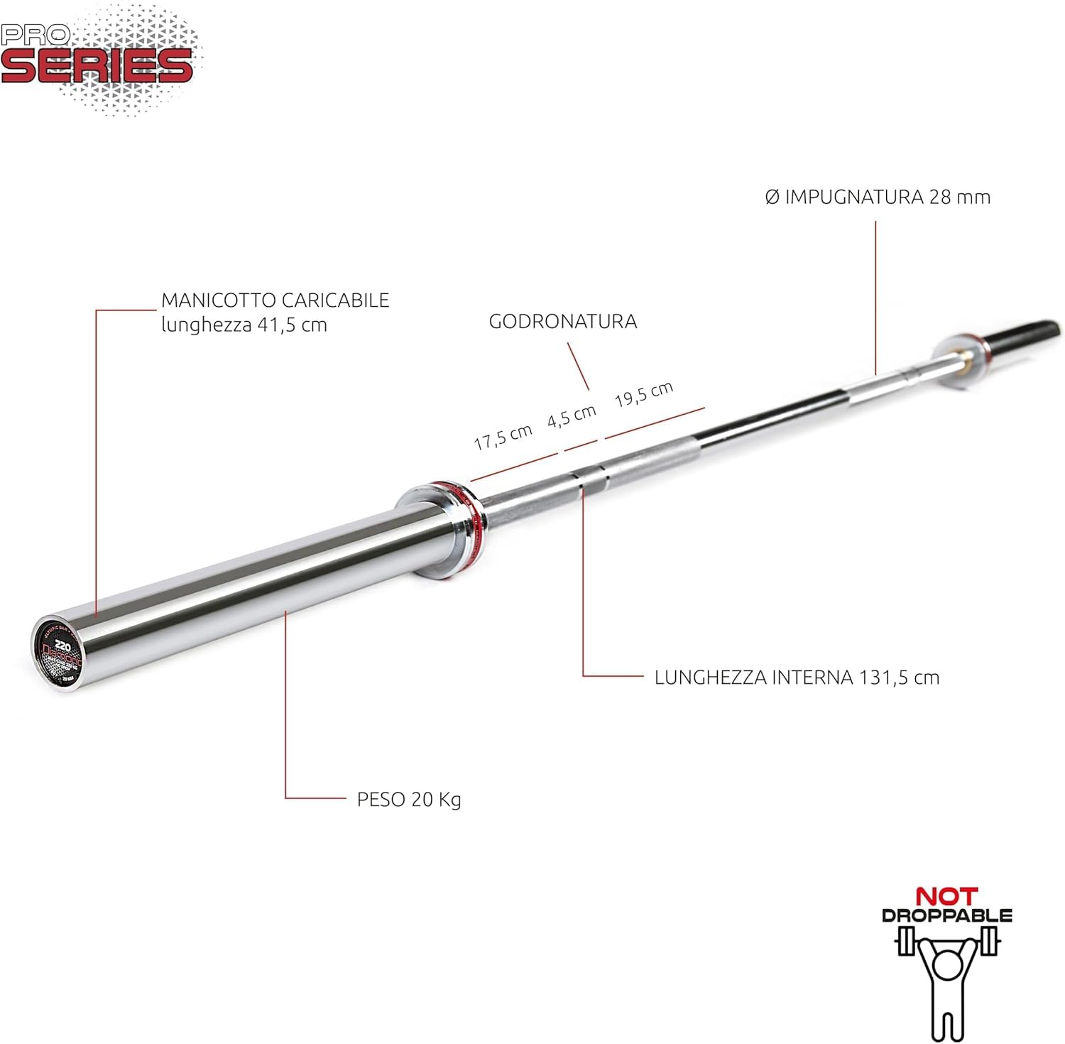 Bilanciere Olimpico Professionale per Home Gym - 220 centimetri, Carico Max 320 chilogrammi. Acciaio cromato.