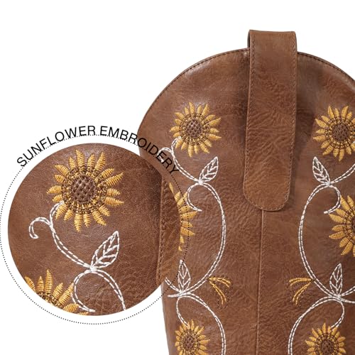 Cowboy Boots for Women - Mid Calf Western Sunflower Cowgirl Boots with Floral Embroidery, Square Toe Stitched Pull On Retro Design, Perfect for Country Idyll, Concerts and More3