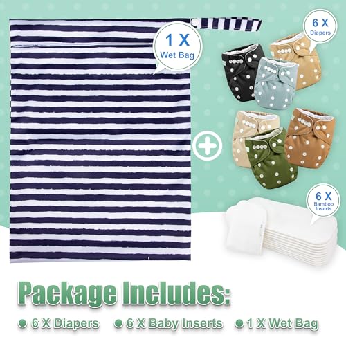 Image of wegreeco Cloth Diapers 6 Pack with 6 Inserts & 1 Wet Bag, Washable Cloth Diapers for Babies, One Size Adjustable Reusable (Warm Colour)