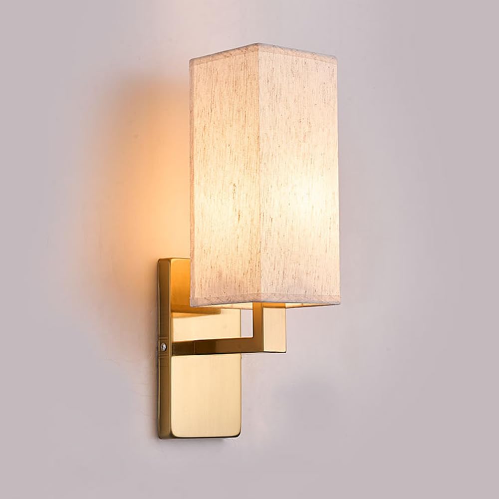 TCHAUSGZUS Antique Gold Rectangular Wall Sconce with Linen Shade - E27 Hardwired Indoor Light for Living Room, Bathroom, and Bedroom