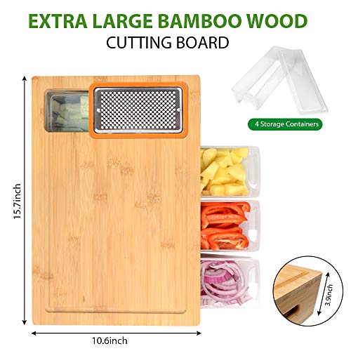 Comellow Bamboo Cutting Board With Containers, Lids, And Graters, Large Wood Chopping Board With Containers, Food Dropping Zone, Carving Board With Easy-Grip Handle, Juice Groove #TOP5