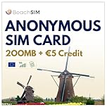 BeachSIM – Scheda SIM Prepagata Anonima senza Registrazione ID, 200 MB Dati + 5 € di Credito Inclusi, Funziona in Tutta l’UE