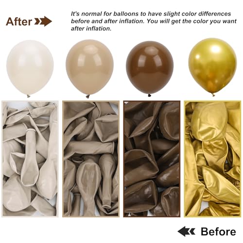 Image of RUBFAC Brown Balloon Garland Arch Kit 129pcs Different Sizes Pack of 18 12 10 5 Inch, Latex Light Brown Coffee Sand White Cream Beige Confetti Gold Balloon Garland Arch Kit for Neutral Boho Bear