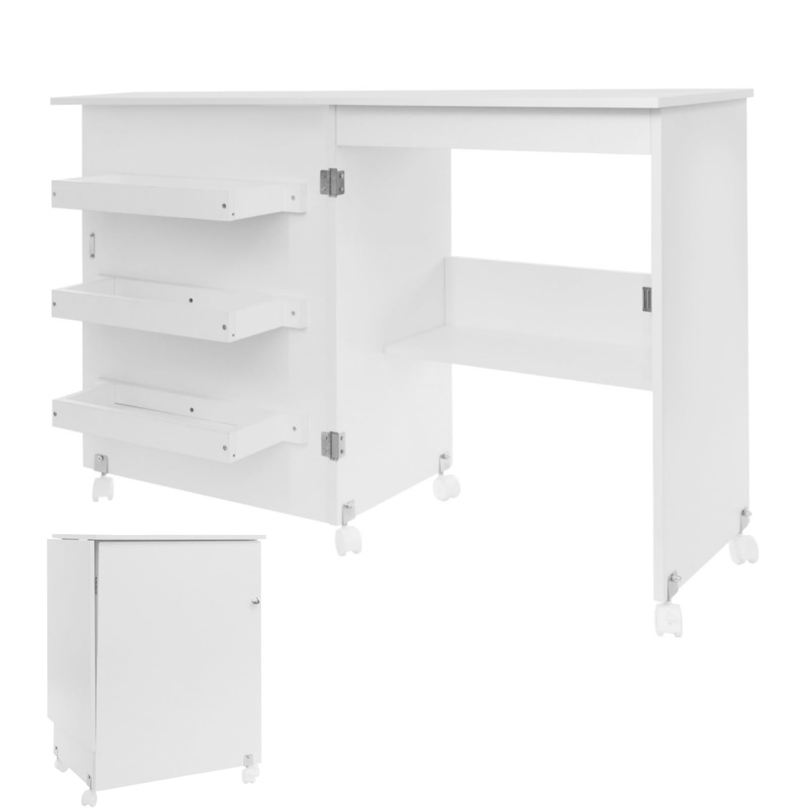 Mesa de coser plegable 2 en 1 | Mesa multiusos para máquina de coser con ruedas, estantes, compartimentos de almacenamiento, puertas magnéticas, mesa para máquina de coser, mesa multiusos para salón