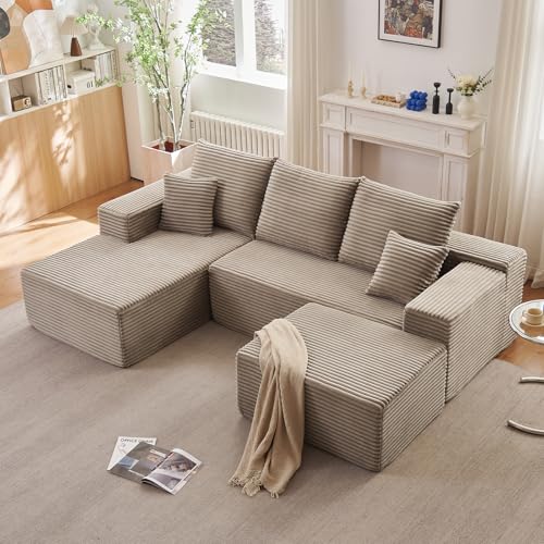 Image of Lakifun 107 inch L-Shape Sofa with Ottoman, Modern Modular Sectional Comfy U-Shape Cloud Couch, Deep Seat, Upholstered Corduroy Sleeper Chaise Longue for Living Room Bedroom, No Assembly Required, Camel