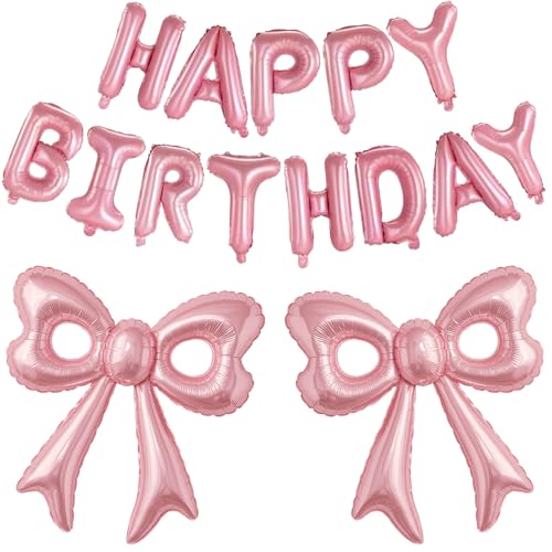 Pink Happy Birthday Balloons, 31”Huge Pink Bow Aluminum Foil Balloons for Girl Woman Birthday, Princess, Coquette Party Decorations Supplies