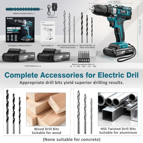 Sundpey Cordless Drill Set 21V with 2 x 2.0Ah Batteries - Image 8