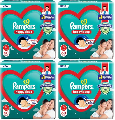 Image of Pampers Happy Sleep Pant Style Baby Diapers, Small (S), 60 Count, 1 Pampers : 1 Night Sleep, with Anti Rash Shield, 4-8 Kg Diapers (Pack of 4)