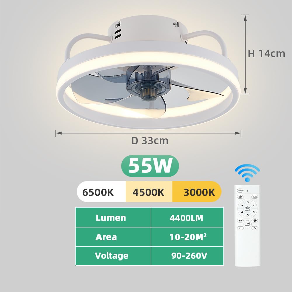 Eznaobo Ventilatori da soffitto 33/50 cm con illuminazione e telecomando, 6 velocità, regolatore di intensità, applicazione intelligente, illuminazione silenziosa e moderna per soggiorno, camera