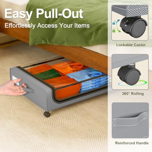 Image of GoMaihe Under Bed Storage with Wheels: 48L Underbed Storage Containers with Lids - Rolling Bins for Shoes Clothes in Dorm Bedroom - Metal Drawers Easy Pull-out Grey 4-Pack