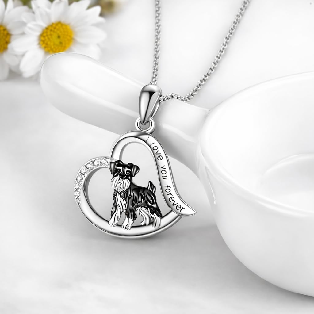 SUPAC Schnauzer Dog Heart Pendant Necklace, Stainless Steel, Crystal Accent, I Love You Forever, 19.7 inch Chain