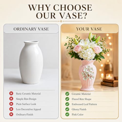 Image of MARKET 99 Pink Ceramic Decorative Vase | Glossy Flared Rim Embossed Leaf Pattern Flower Vase | Elegant Tabletop Accent for Fresh Flowers, Artificial Stems, Home, Office & Shelf Decor