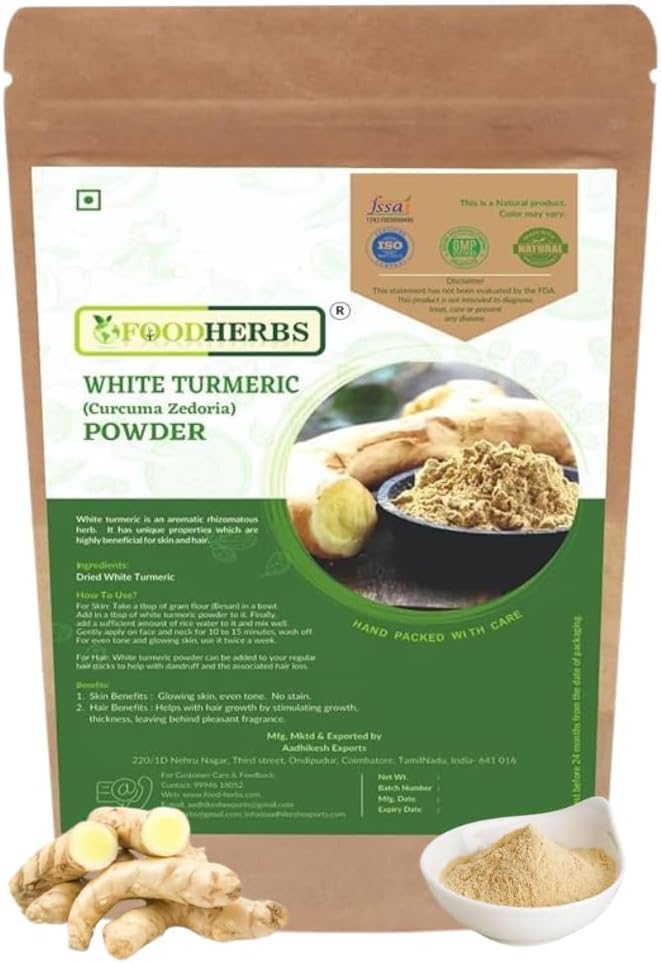 FOODHERBS White Turmeric Powder | 200 Gm/0.44 Lbs | Curcuma Zedoaria | For Glowing Skin, Body Odor, Reducing Scars, Black Spots | No Stain | Kachoor | Poolankilangu | Skin Hydration