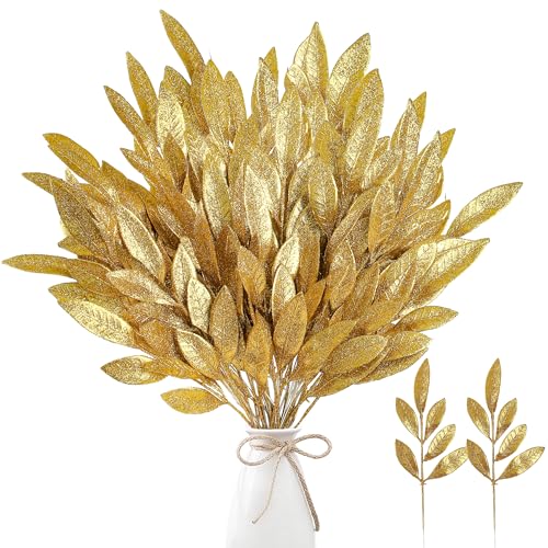 Sggvecsy 40 Pieces Artificial Glitter Leaf Gold Glittered Spray Picks