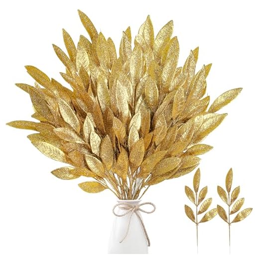 Sggvecsy 40 Pieces Artificial Glitter Leaf Gold Glittered Spray Picks 13’’ Fake Floral Leaf Branches Xmas Decoration for Christmas Tree DIY Wreath Crafts Gift Home Garden Decoration(Gold,40 Pieces)