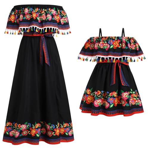 AWIBMK Mommy and Me Matching Floral Ruffle Mexican Dress Off-Shoulder Belted Cinco De Mayo Fiesta Mom Daughter Outfits