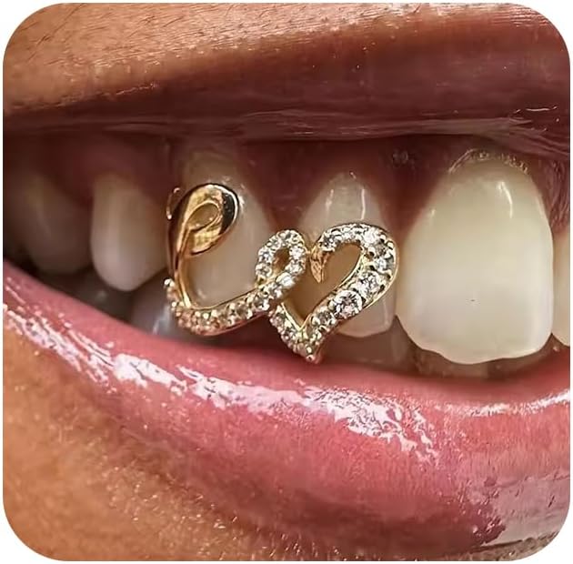 Gold Silver Teeth Grills for Women Grillz Teeth Men Tooth Gems Cap Hollow Heart Mouth Grills Crystal Tooth Jewelry for Hip Hop Single Grillz with Molding Bar Rapper Outfits Costume Accessory for Party