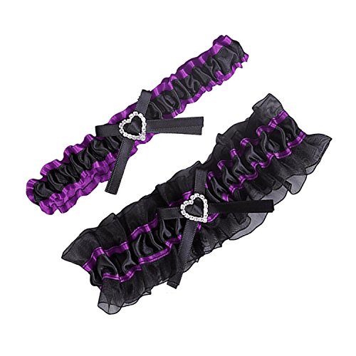 Merryjuly Satin Wedding Garter Belt Set Bridal Leg Garter Free Size(15-23 Inch) (Purple/Black) #TOP6