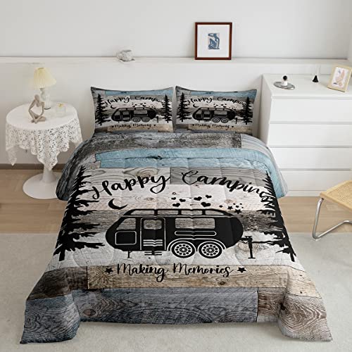 Rustic Farmhouse Style Comforter 3 Pieces, Happy Camping Duvet Insert for Boys Kids Teens Camper Bedding,Black Sketch Drawing Bedding Comforters Vintage Old Barn Door Inner Fill, King Size
